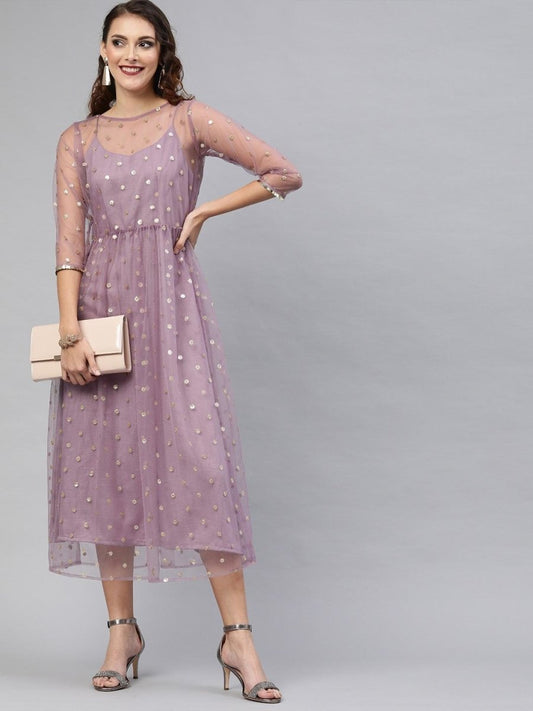 Lavender Net Embroidered Fit & Flared Gown - inddus-us