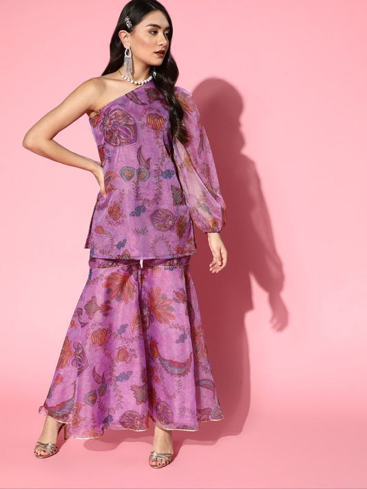 Lavender Organza Digital Print Kurta with Printed Sharara - Inddus.com