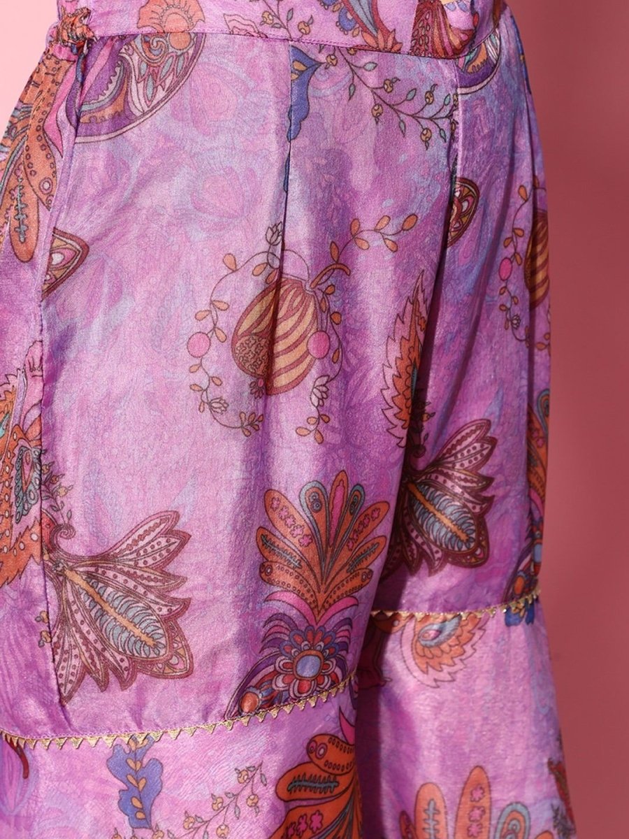 Lavender Organza Digital Print Kurta with Printed Sharara - Inddus.com