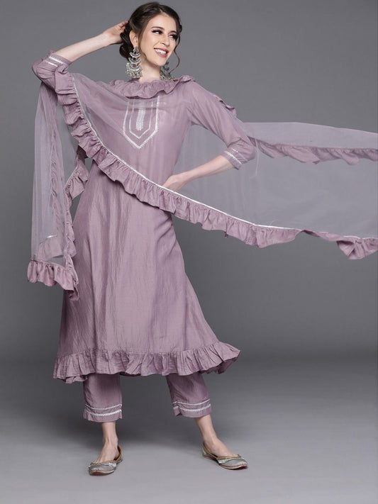 Lavender Silk Blend Solid Partywear Kurta Set - Inddus.com