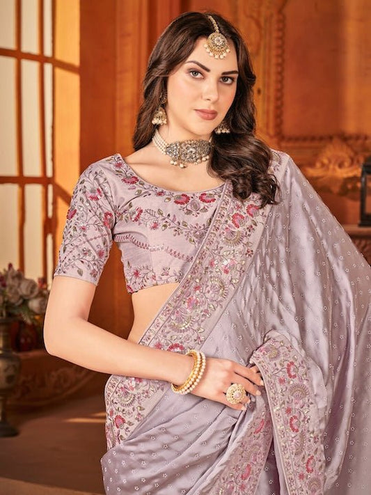 Lavender Women Embellished Sequinned Embroidered Satin Saree - Inddus.com