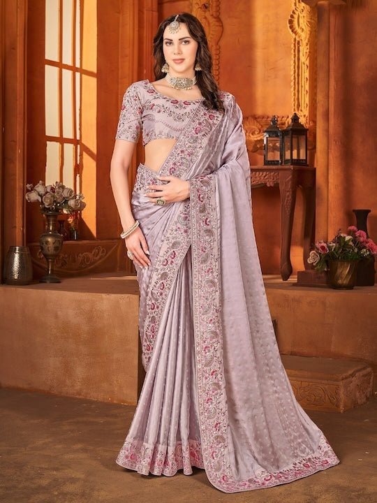 Lavender Women Embellished Sequinned Embroidered Satin Saree - Inddus.com