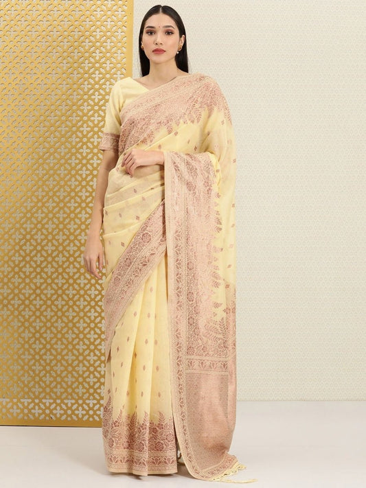 Lemon Yellow and Bronze Ethnic Motifs Zari Woven Saree - Inddus.com