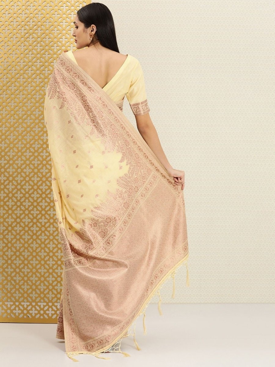 Lemon Yellow and Bronze Ethnic Motifs Zari Woven Saree - Inddus.com