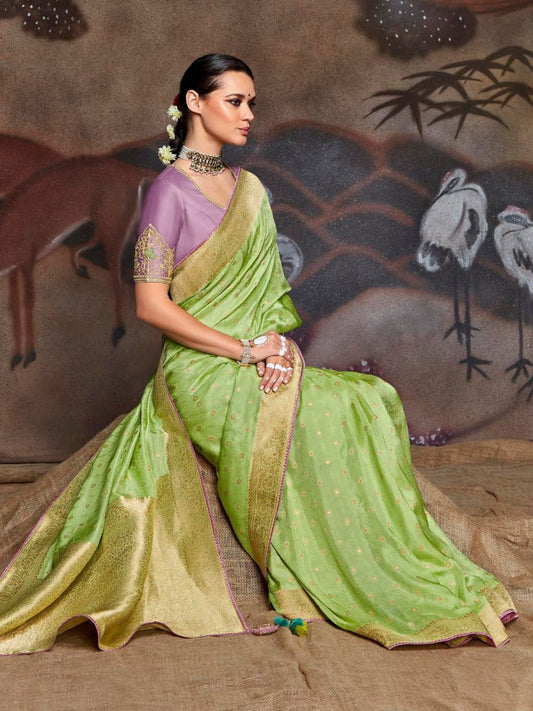 Light Green Dola Silk Embroidery Saree - Inddus.com