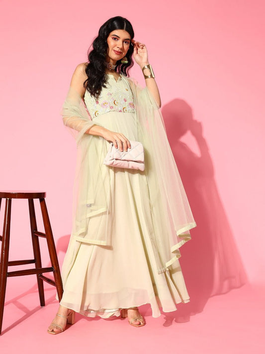 Light Green Embroidered Sequins Ethnic Motifs Kurta with Net Dupatta - Inddus.com