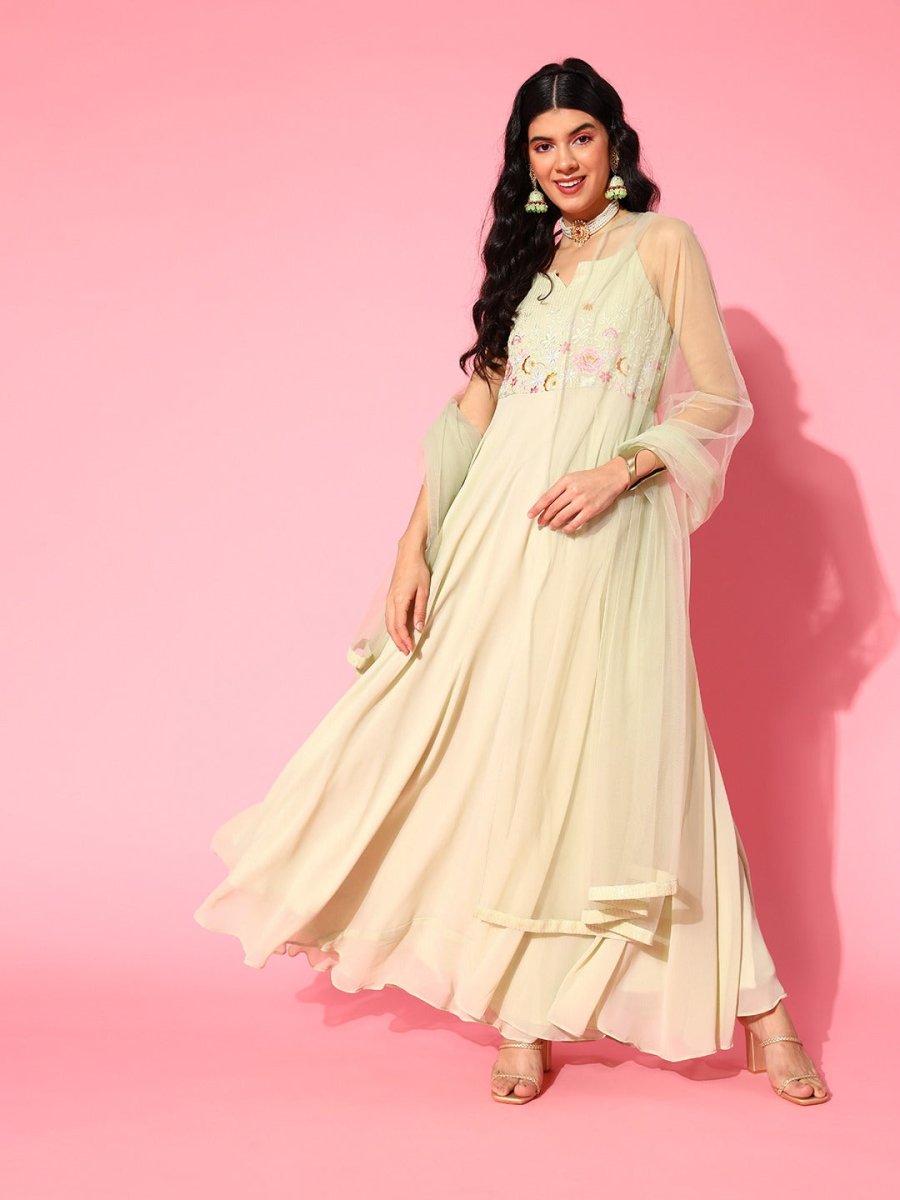 Light Green Embroidered Sequins Ethnic Motifs Kurta with Net Dupatta - Inddus.com