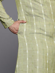 Light Green Striped Kurta with Churidar - Inddus.com