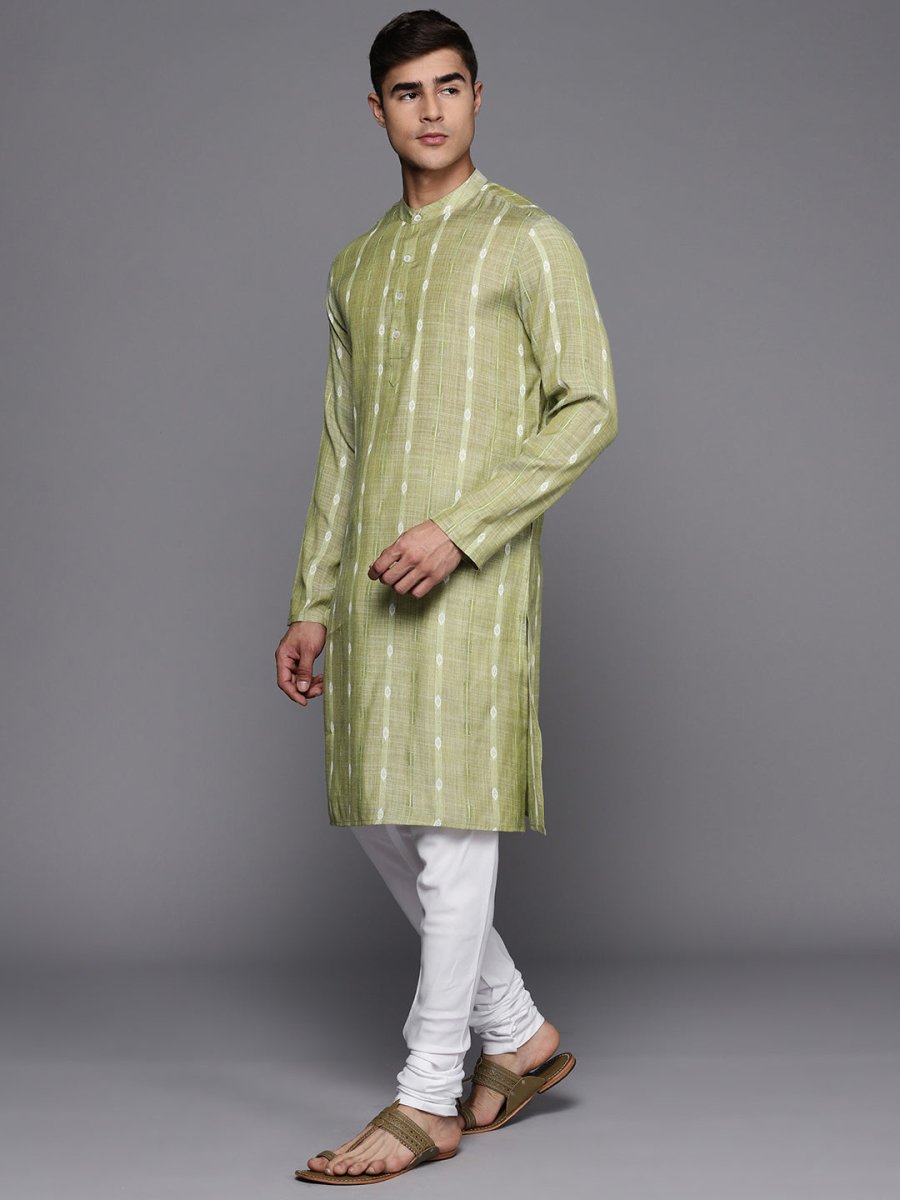 Light Green Striped Kurta with Churidar - Inddus.com