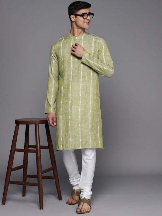 Light Green Striped Kurta with Churidar - Inddus.com