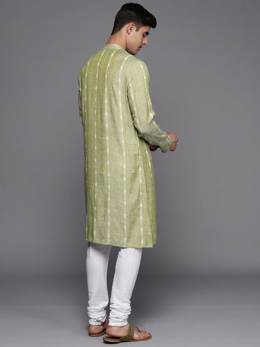 Light Green Striped Kurta with Churidar - Inddus.com