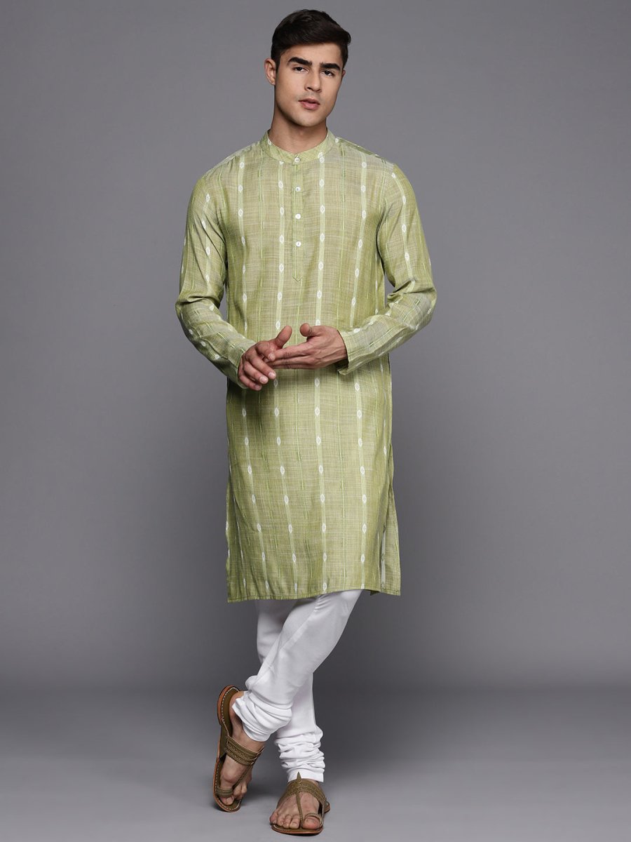 Light Green Striped Kurta with Churidar - Inddus.com