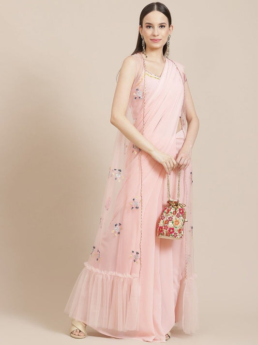 Light Pink Georgette Saree with Jacket - Inddus.com