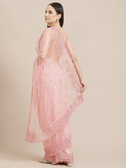 Light Pink Net Embroidered Saree - Inddus.com