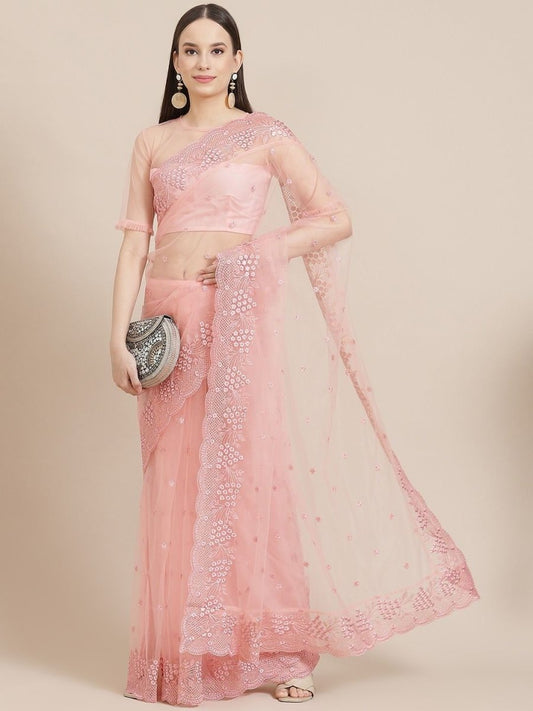 Light Pink Net Embroidered Saree - Inddus.com