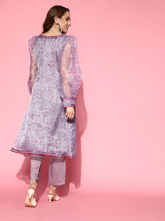 Lilac Floral Digital Print Kurta with Pants - Inddus.com