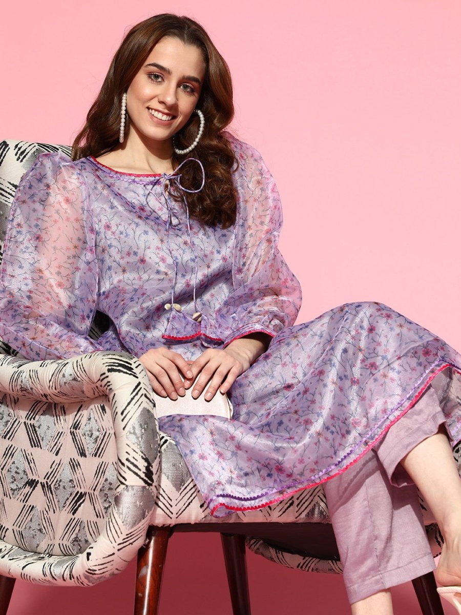 Lilac Floral Digital Print Kurta with Pants - Inddus.com