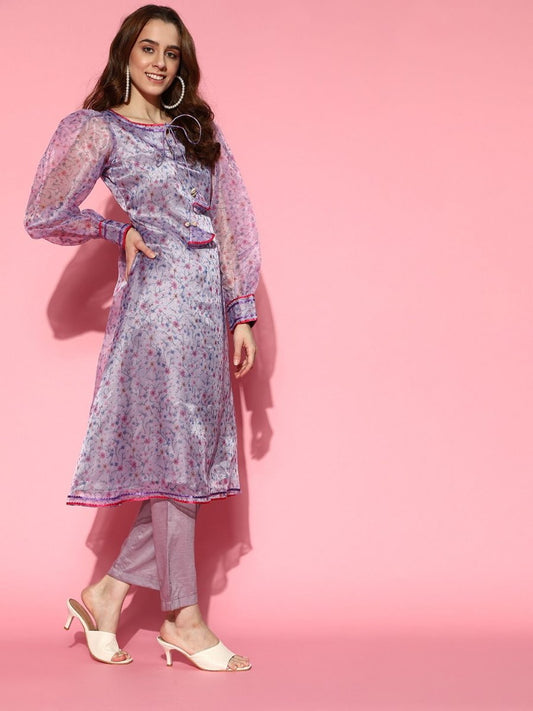 Lilac Floral Digital Print Kurta with Pants - Inddus.com