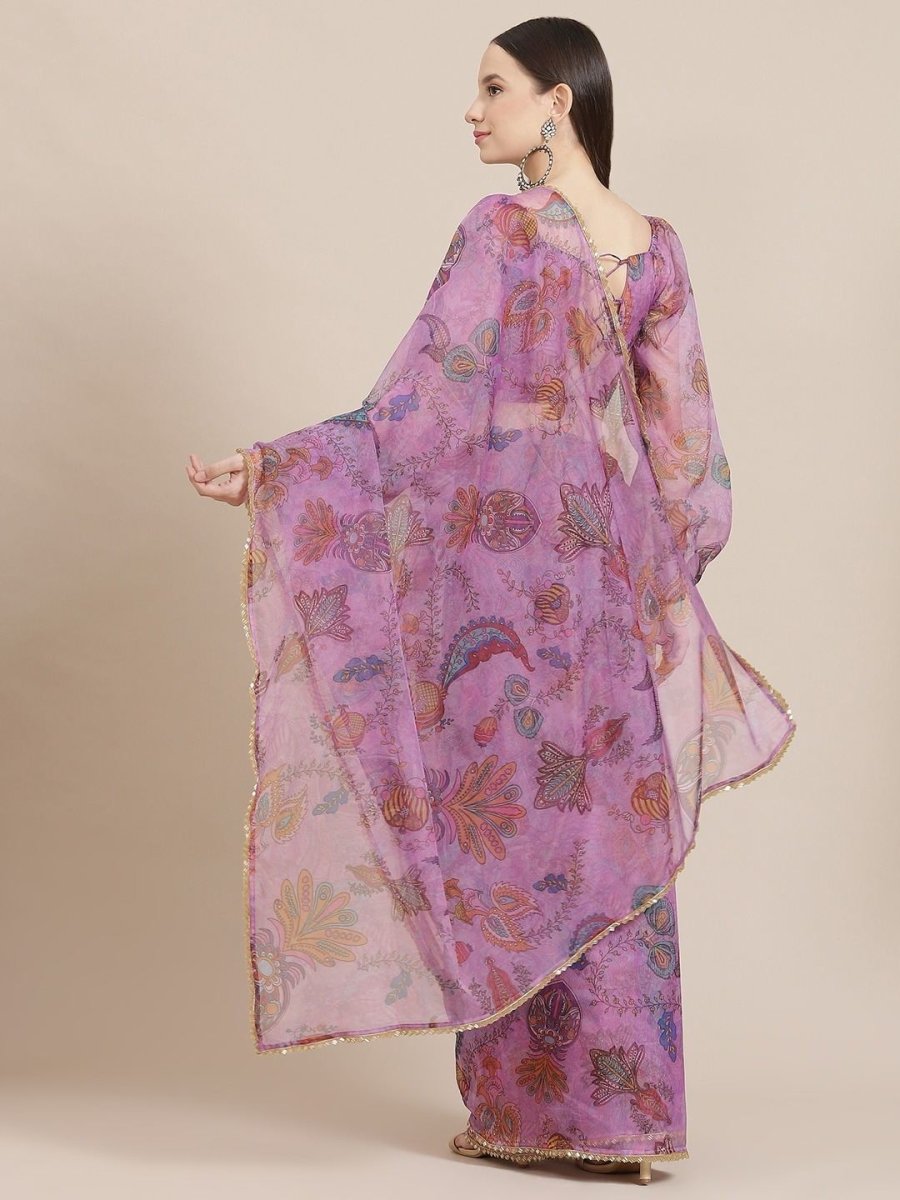 Lilac Floral Digital Print Organza Saree - Inddus.com