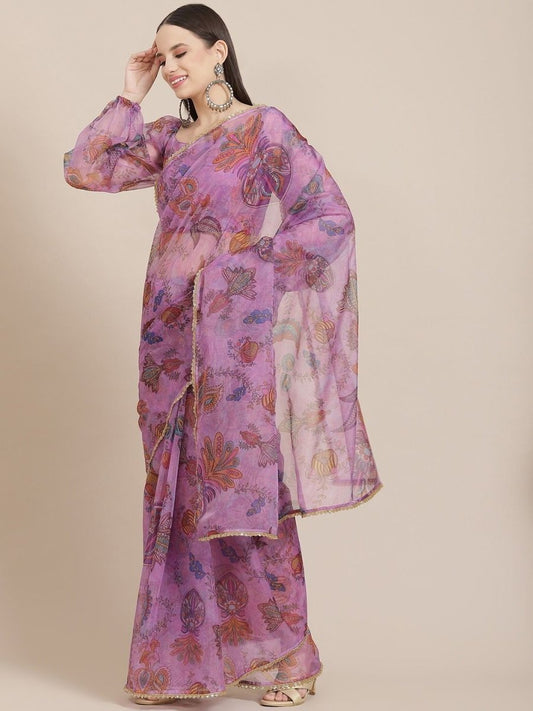 Lilac Floral Digital Print Organza Saree - Inddus.com