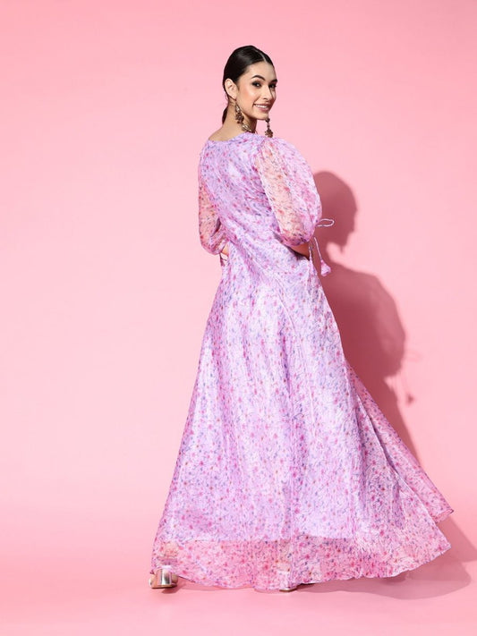 Lilac Floral Digital Print Party Gown - Inddus.com