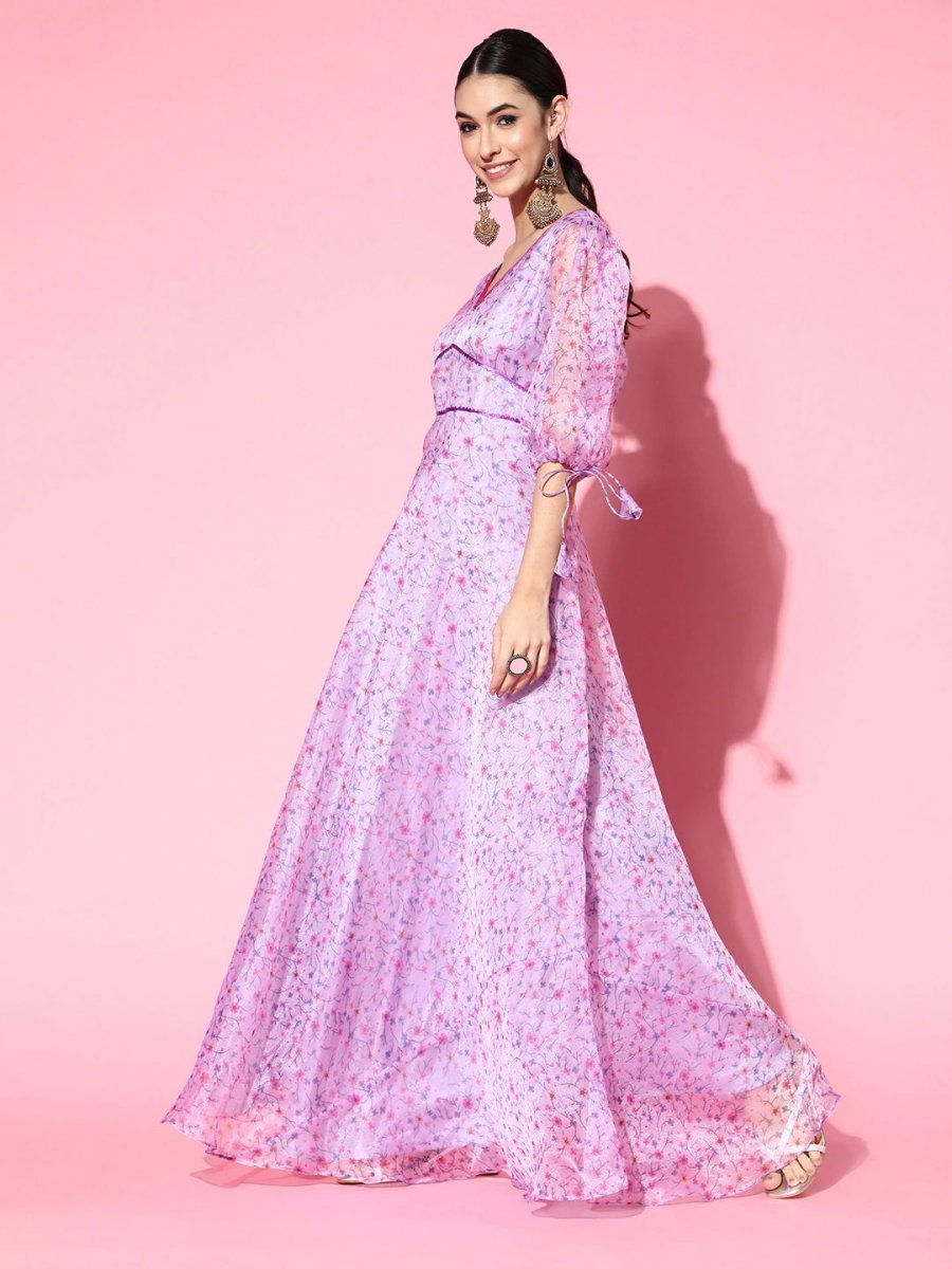 Lilac Floral Digital Print Party Gown - Inddus.com