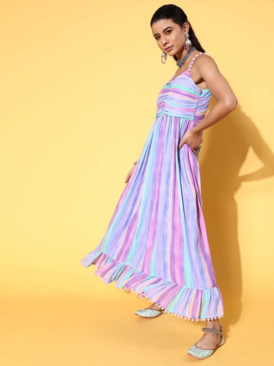 Lilac Georgette Printed Fit and Flare Striped Gown - Inddus.com