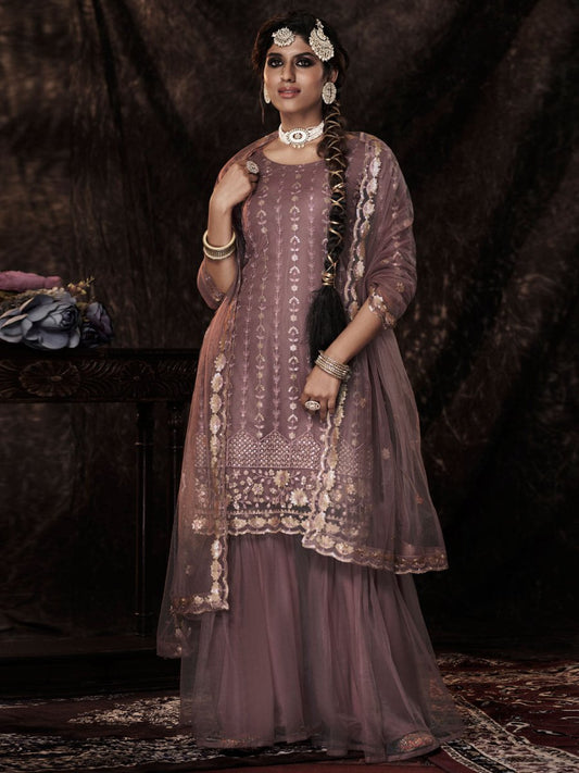 Lilac Net Embroidered Sharara-Style-Suit - Inddus.com