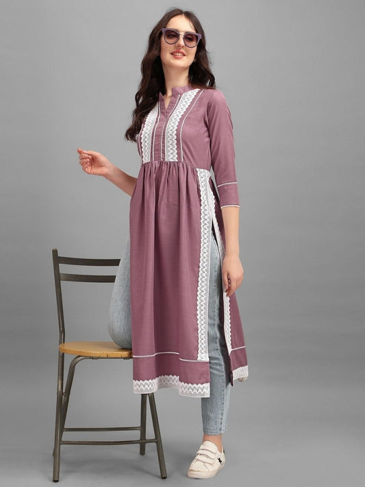 Lilac Pleated Laced Kurta - Inddus.com