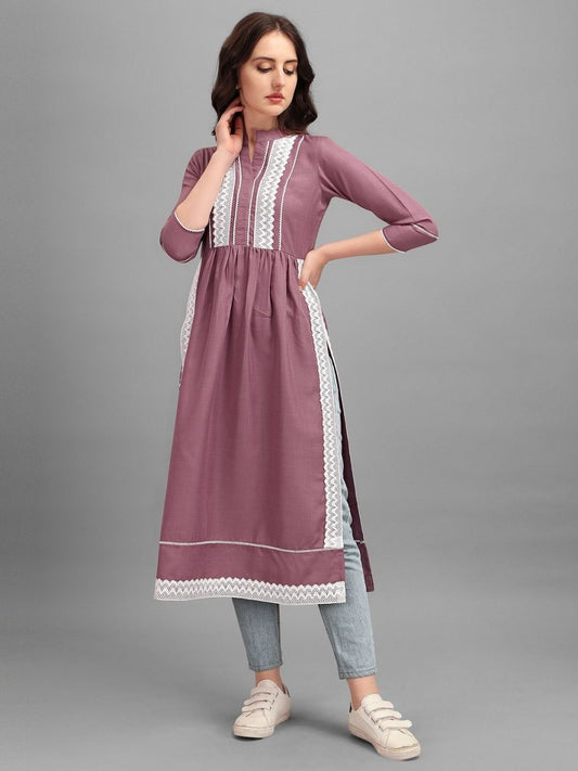 Lilac Pleated Laced Kurta - Inddus.com