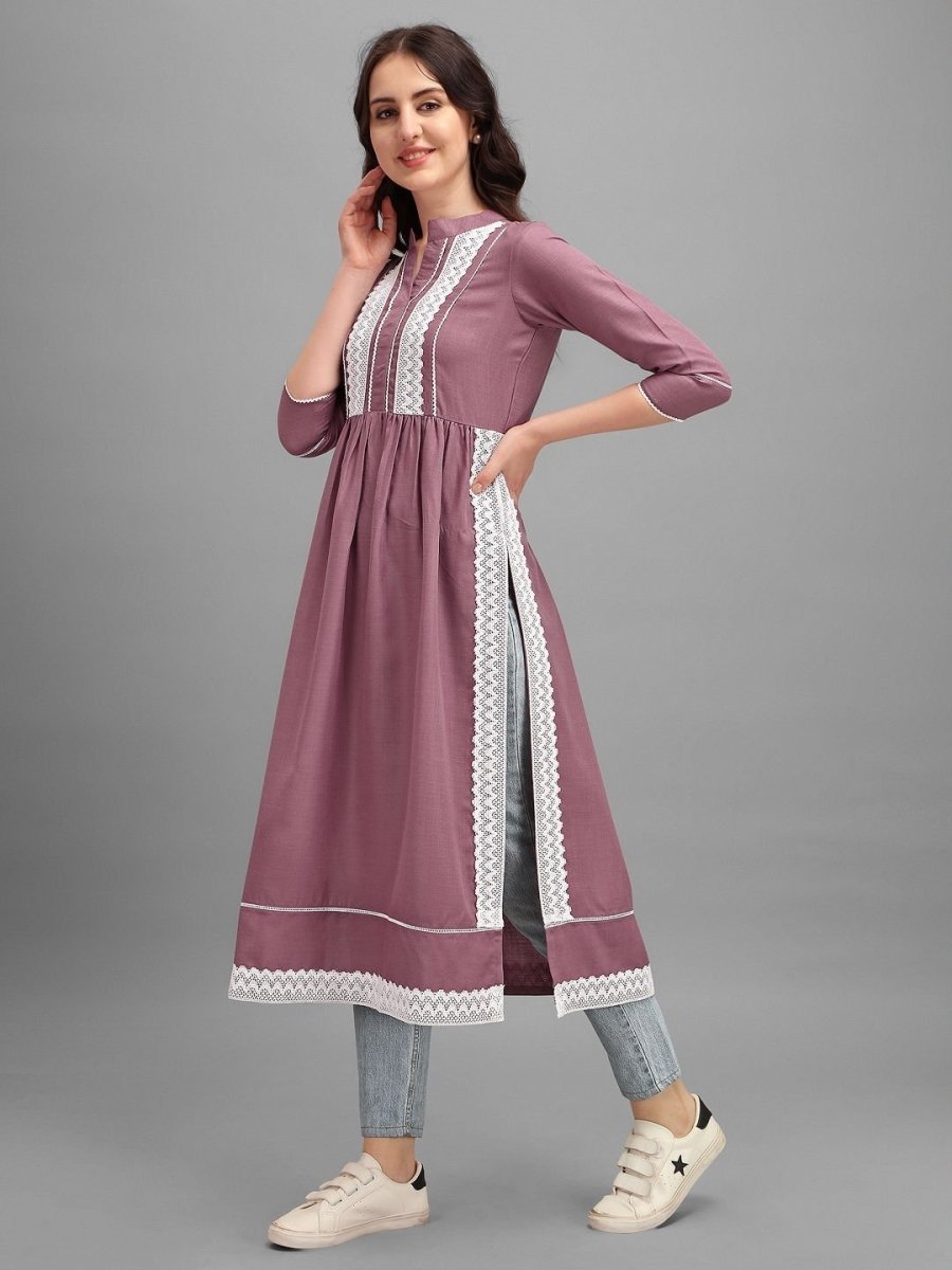 Lilac Pleated Laced Kurta - Inddus.com