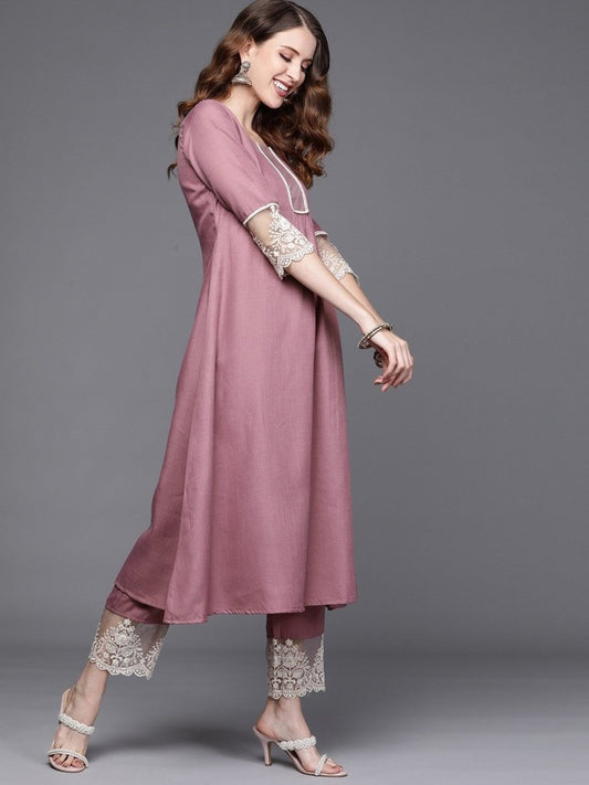 Lilac Solid Kurta with Embroidered Pants and Net Embroidered Dupatta - Inddus.com