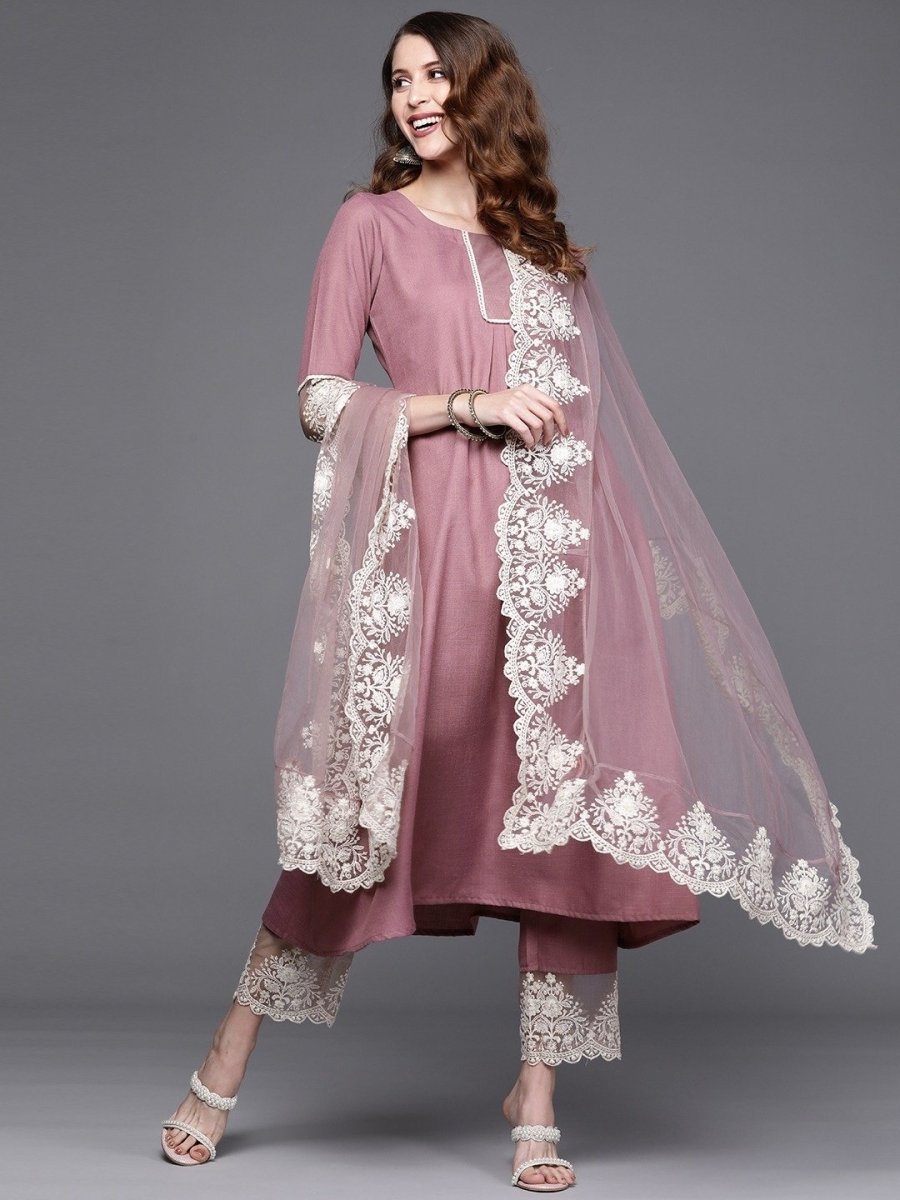 Lilac Solid Kurta with Embroidered Pants and Net Embroidered Dupatta - Inddus.com