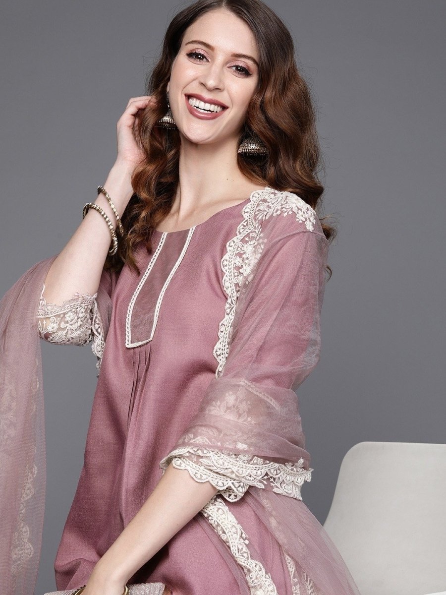 Lilac Solid Kurta with Embroidered Pants and Net Embroidered Dupatta - Inddus.com