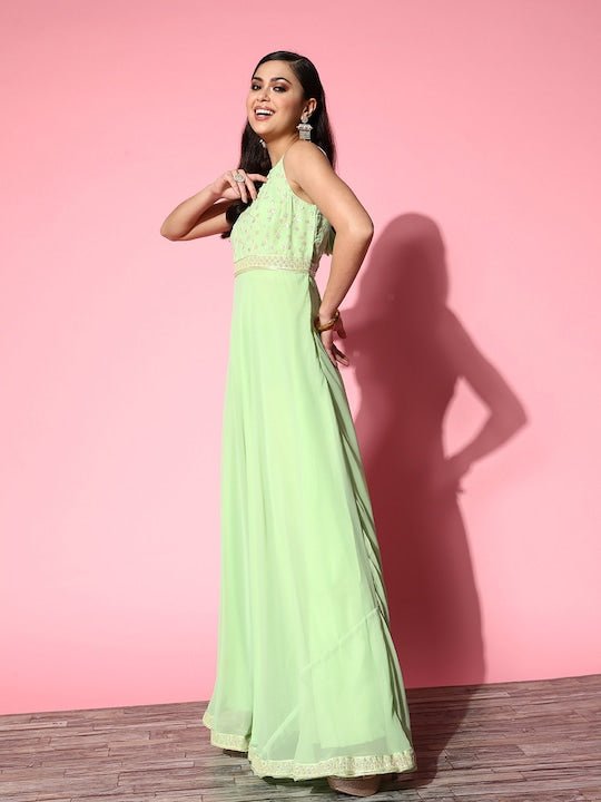 Lime Green Floral Embroidered Georgette Maxi Ethnic Dress - Inddus.com