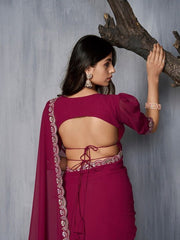 Magenta and gold-toned Embroidered Saree - Inddus.com