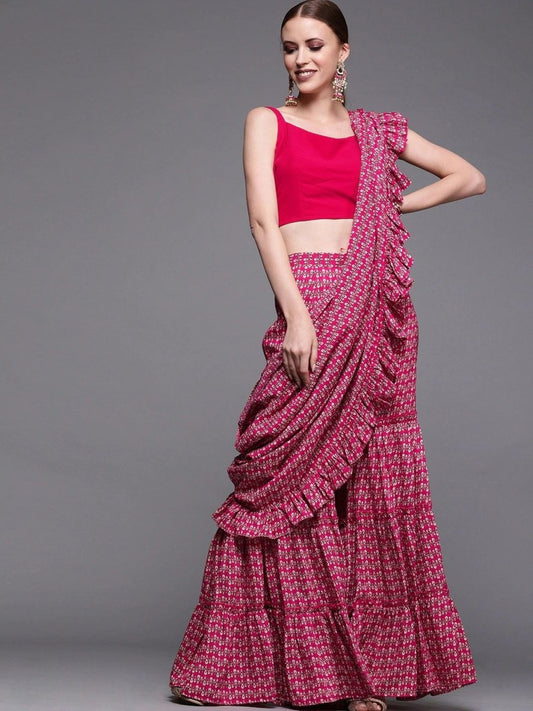 Magenta & Beige Silk Blend Printed Ruffled Sharara Saree - inddus-us