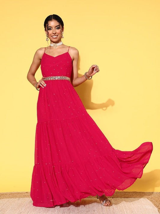 Magenta Embellished Embroidered Georgette Maxi Dress With Belt - Inddus.com