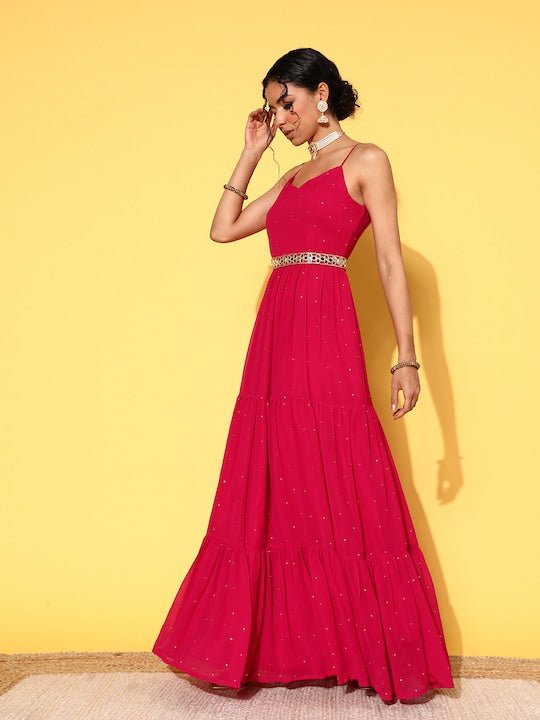 Magenta Embellished Embroidered Georgette Maxi Dress With Belt - Inddus.com