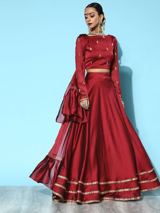 Magenta Embroidered Lehenga with Blouse and Dupatta - Inddus.com