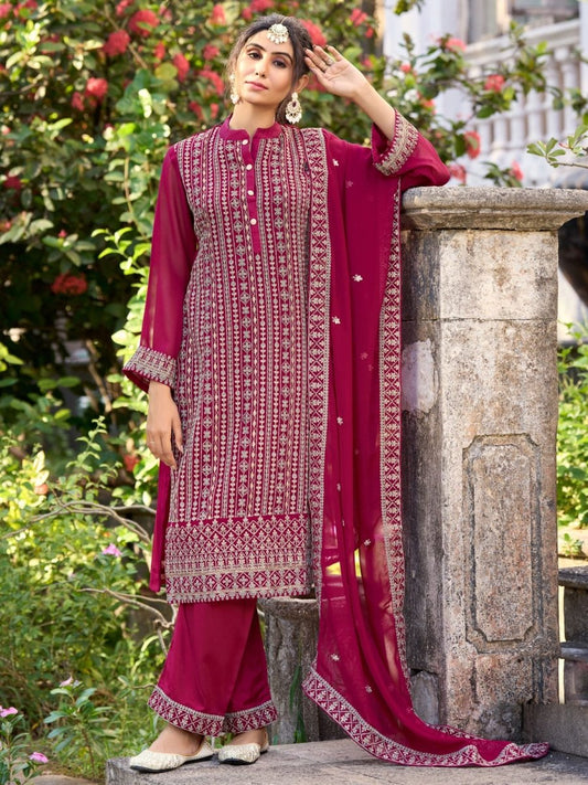 Magenta Embroidered Partywear Straight-Cut-Suit - Inddus.com