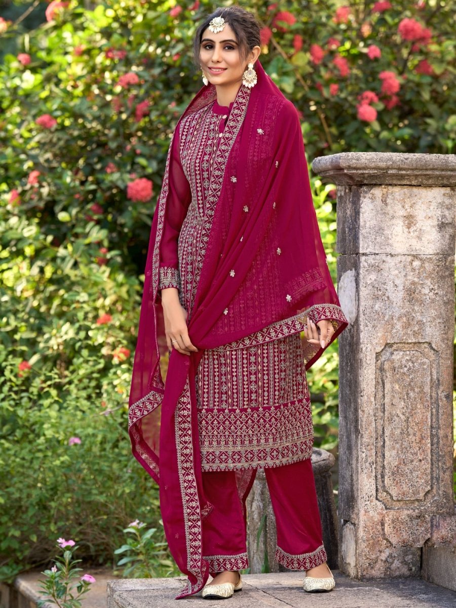 Magenta Embroidered Partywear Straight-Cut-Suit - Inddus.com