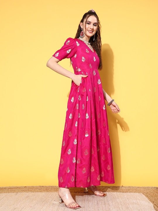 Magenta Ethnic Motifs Maxi Dress - Inddus.com