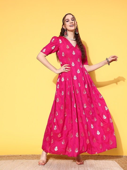 Magenta Ethnic Motifs Maxi Dress - Inddus.com