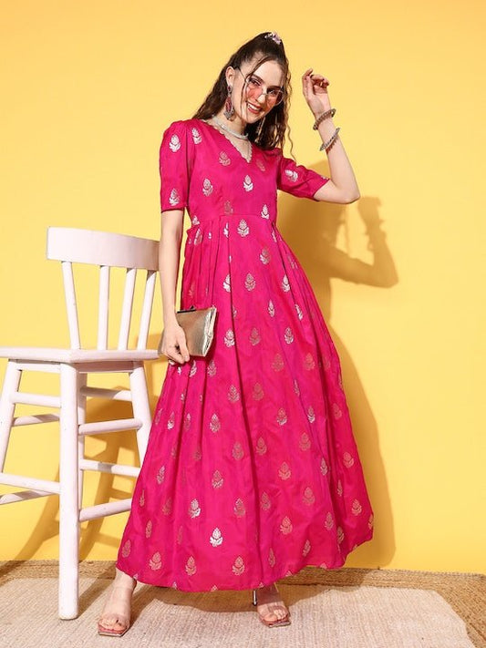 Magenta Ethnic Motifs Maxi Dress - Inddus.com