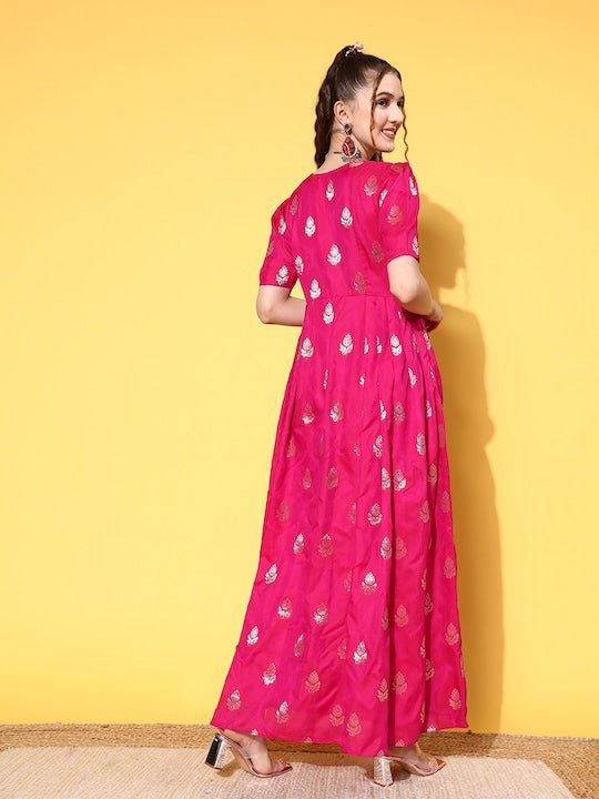 Magenta Ethnic Motifs Maxi Dress - Inddus.com