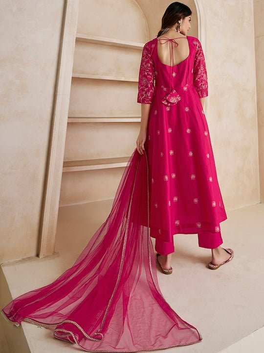 Magenta Floral Embroidered Anarkali Kurta & Trousers & With Dupatta - Inddus.com