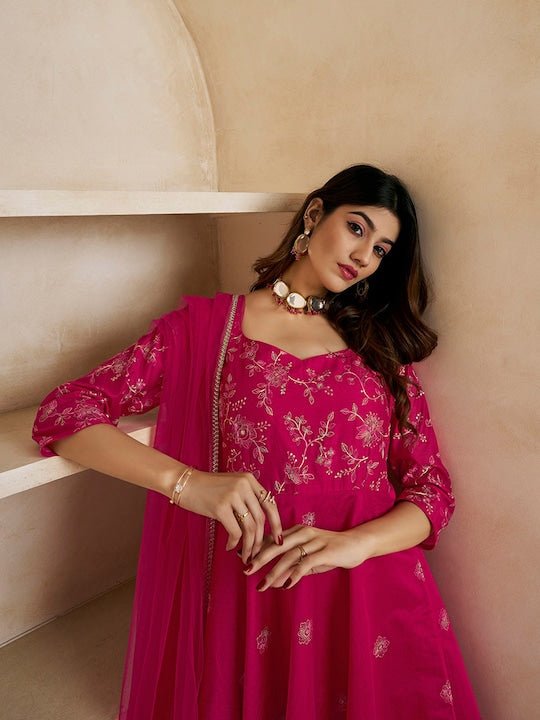 Magenta Floral Embroidered Anarkali Kurta & Trousers & With Dupatta - Inddus.com