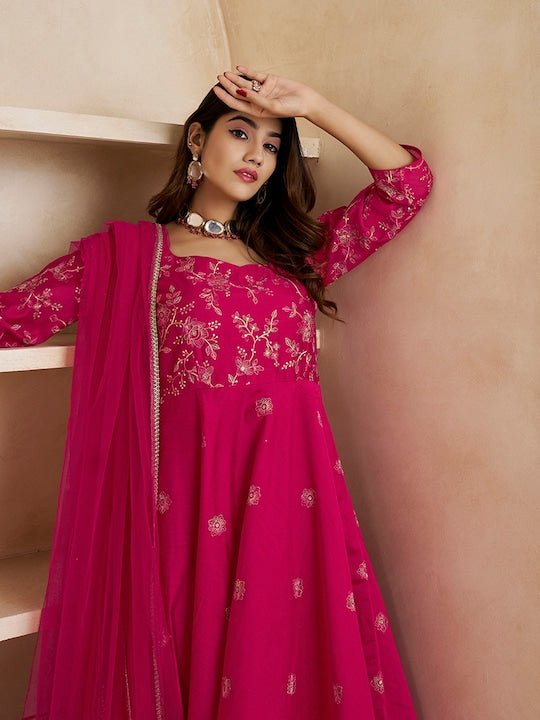 Magenta Floral Embroidered Anarkali Kurta & Trousers & With Dupatta - Inddus.com