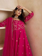 Magenta Floral Embroidered Anarkali Kurta & Trousers & With Dupatta - Inddus.com